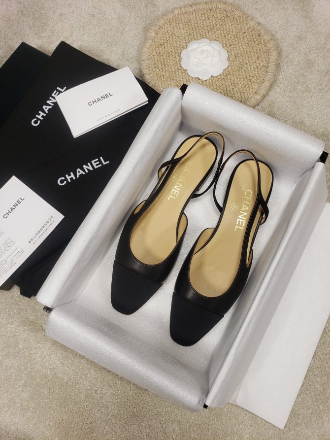 CC Slingback Flat Beige Lambskin Black Grosgrain Lambskin
