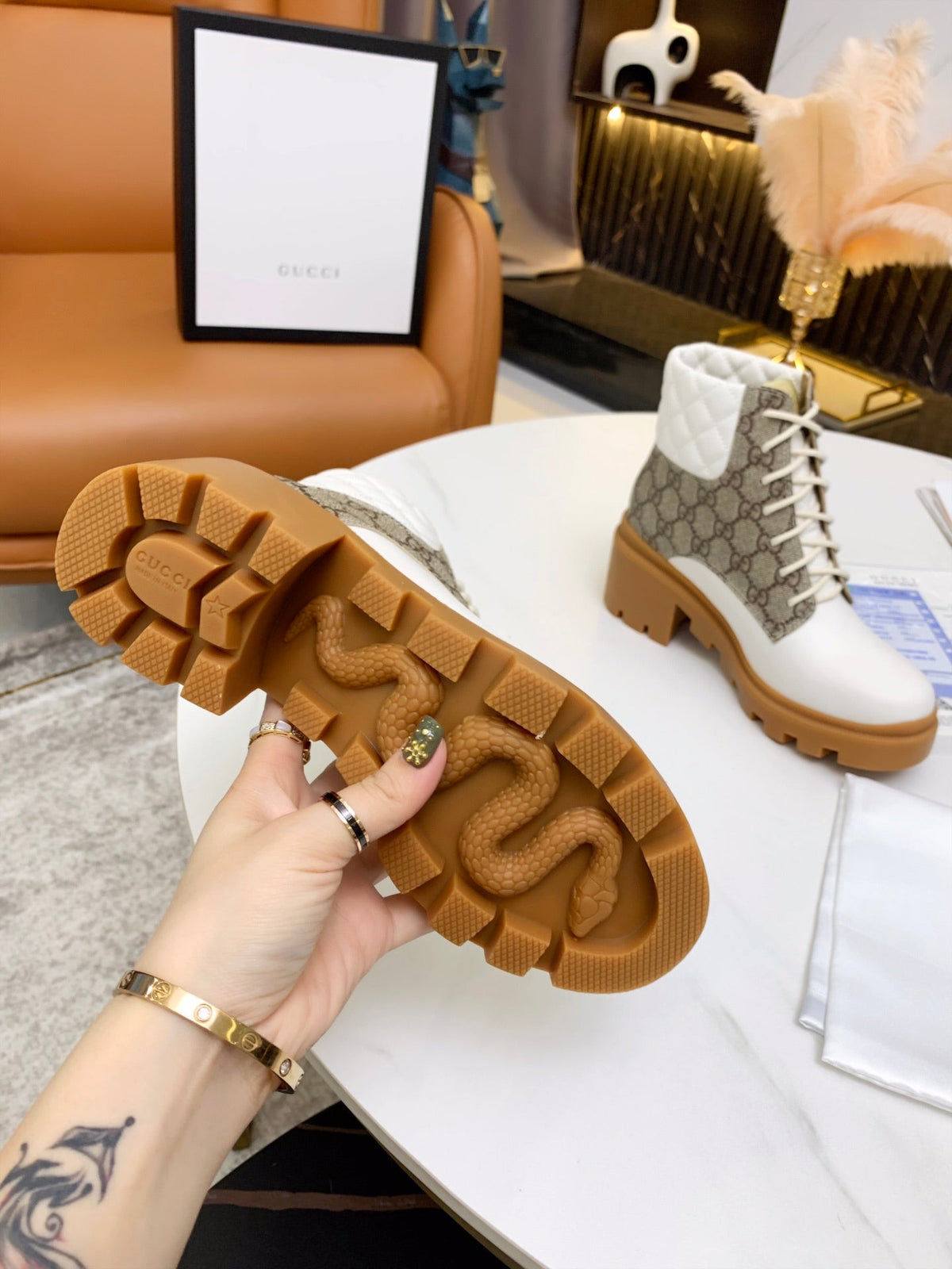 GG ankle boots white brown monogram canvas leather