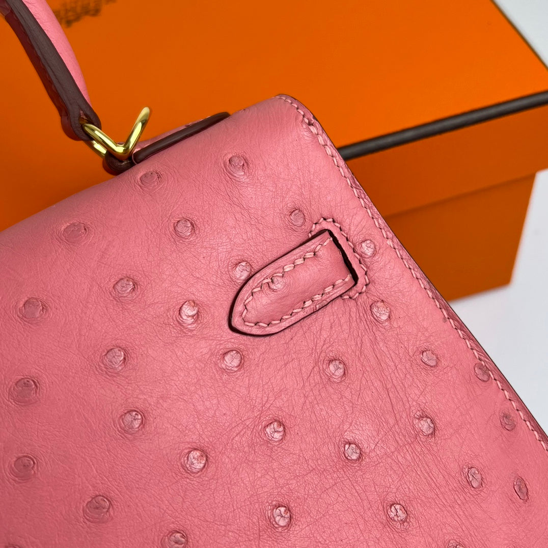 KELLY BAG 20 IN ROUGE PINK OSTRICH LEATHER WITH GOLD HARDWARE (MADE - TO - ODER)
