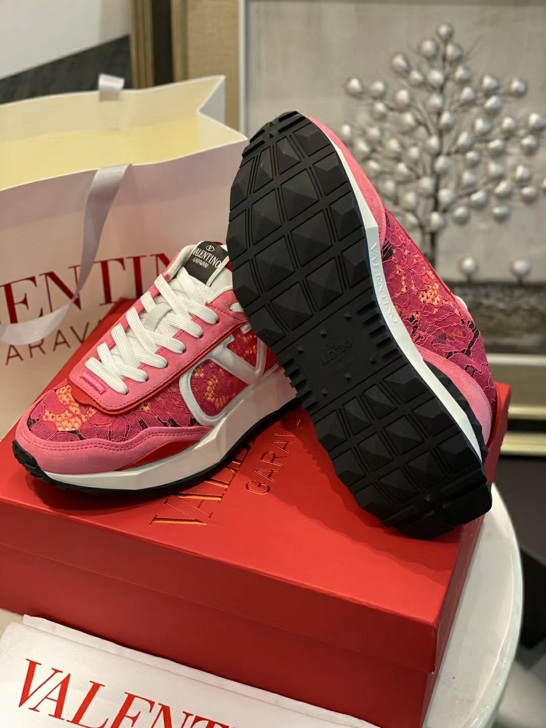 Lace And Mesh Lacerunner Sneaker In Pink Mix Red Orange 994618