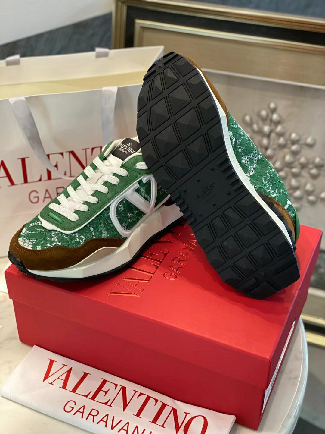Lace And Mesh Lacerunner Sneaker In Green White Mix Earth Brown 994623
