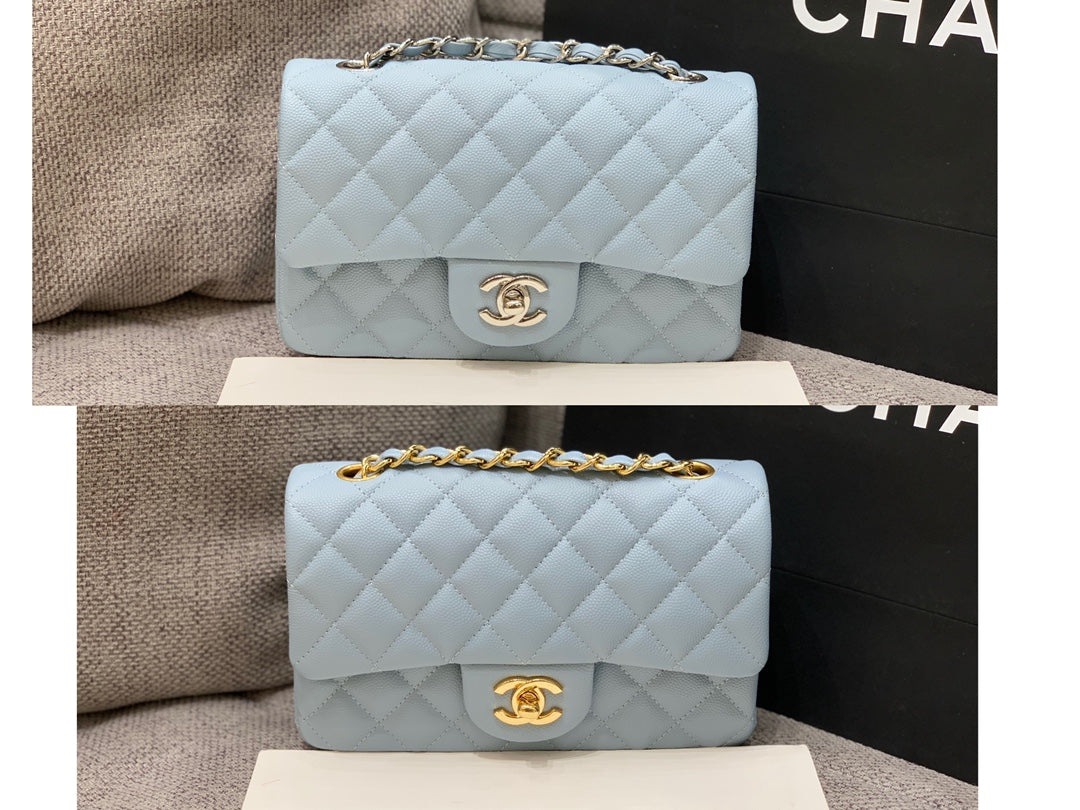 flap bag mini 20cm light cloud blue caviar silver hardware