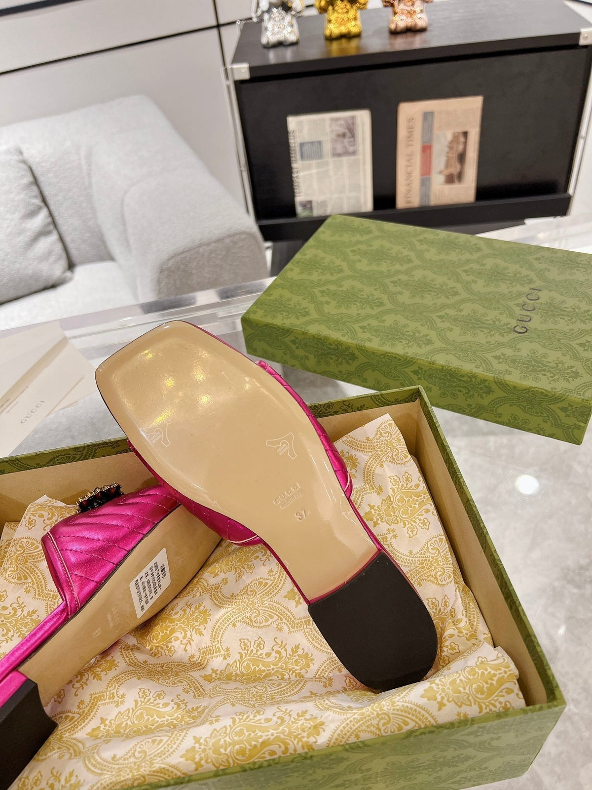 GG SPARKLE CRYSTAL SLIDE SANDAL METALLIC PINK CALFSKIN
