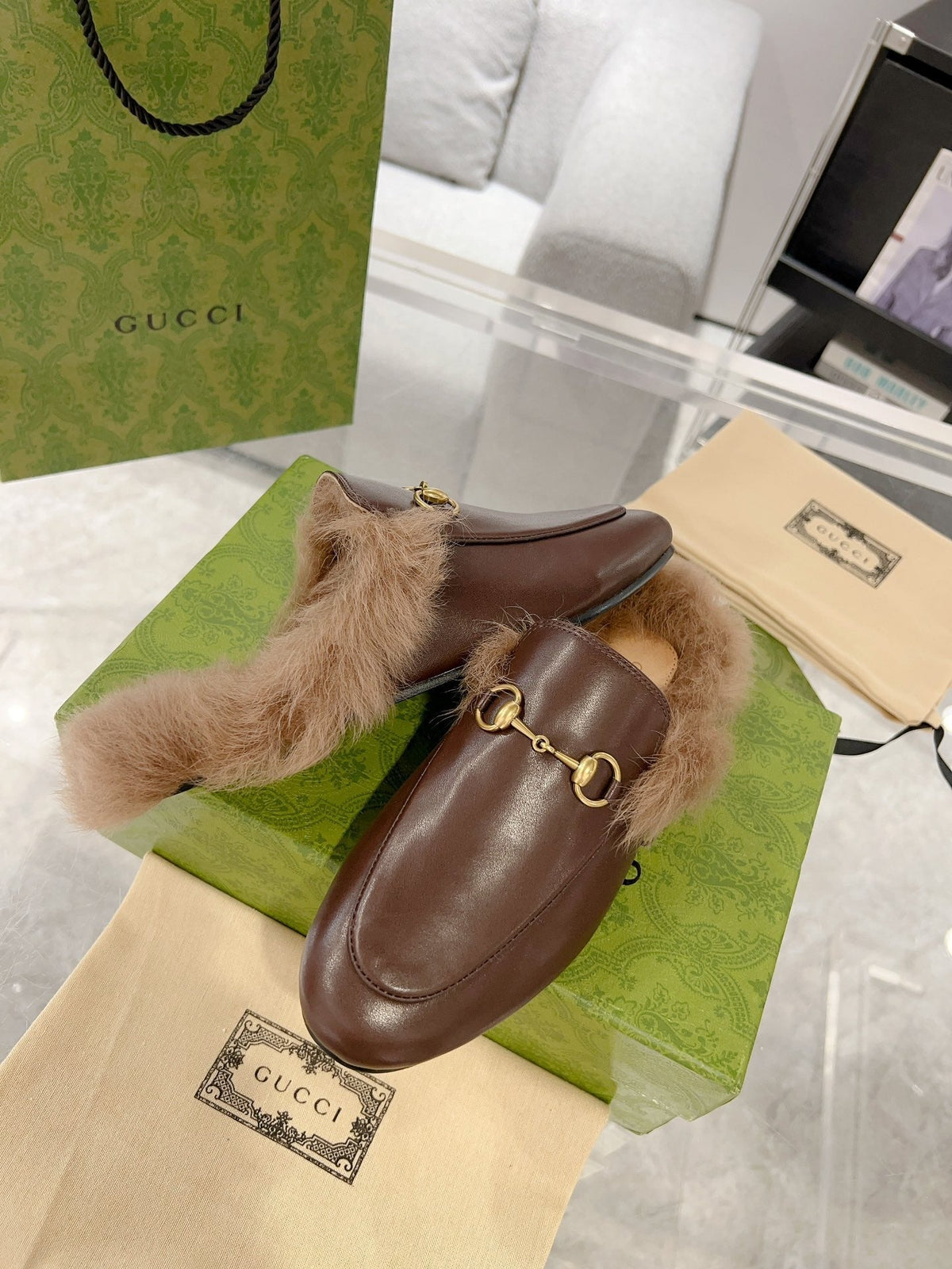 GG Princetown Slipper Brown Calfskin Tuscan Wool