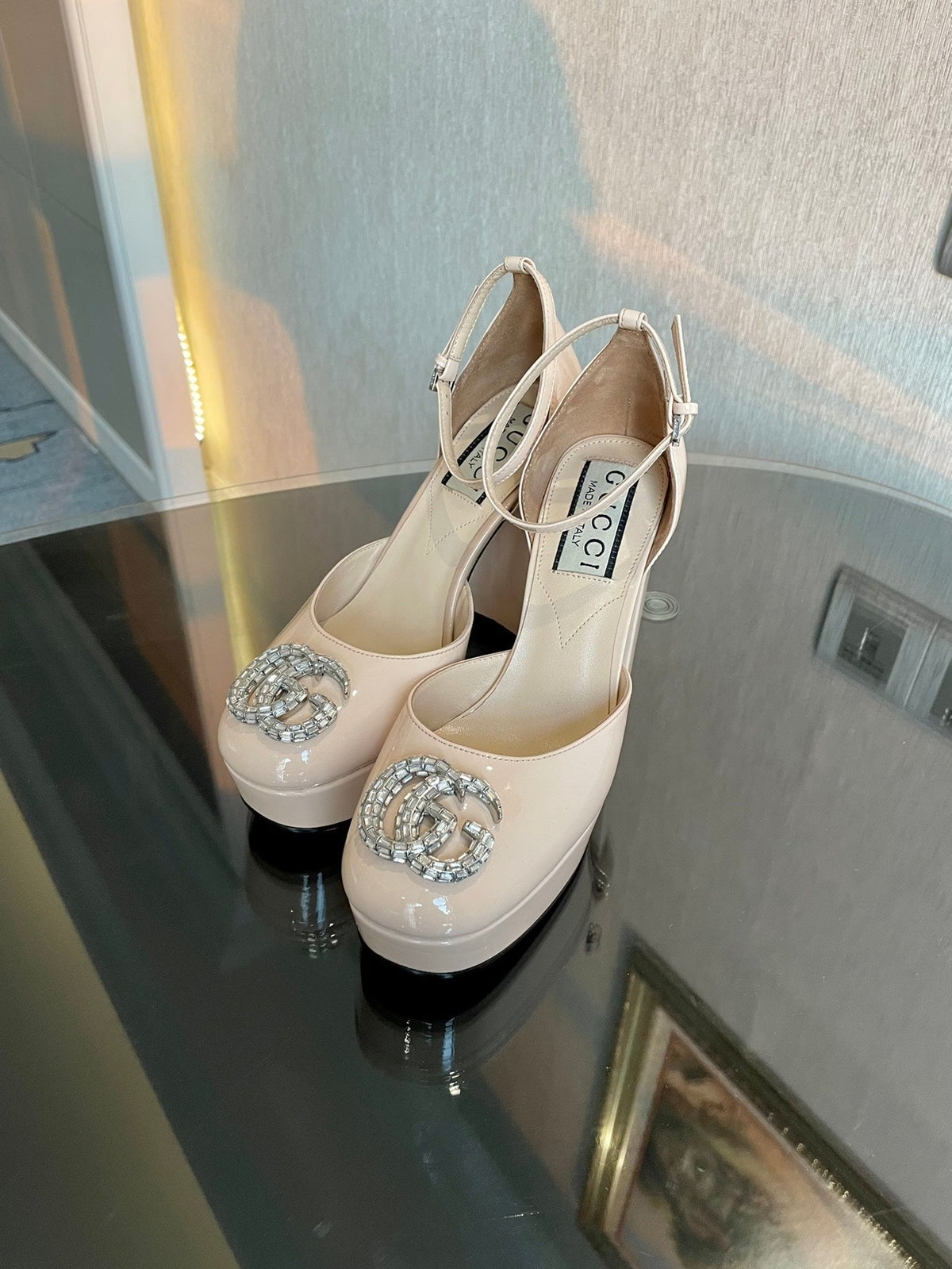 platform pump 12cm with double beige patent leather