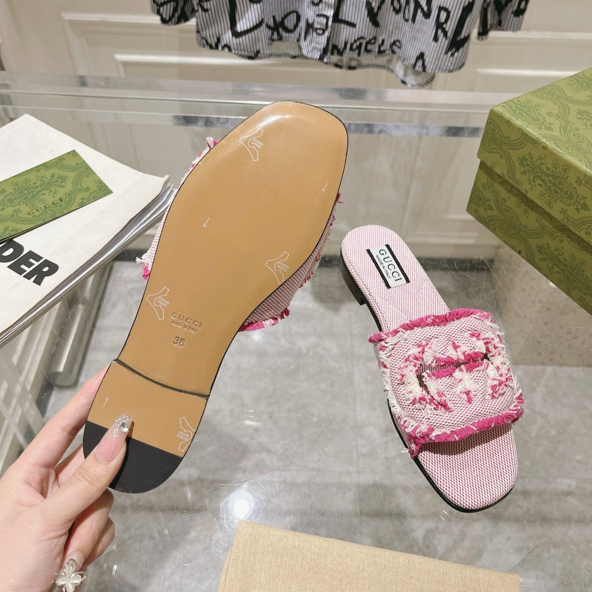 GG Interlocking double G hollow slippers Neon pink