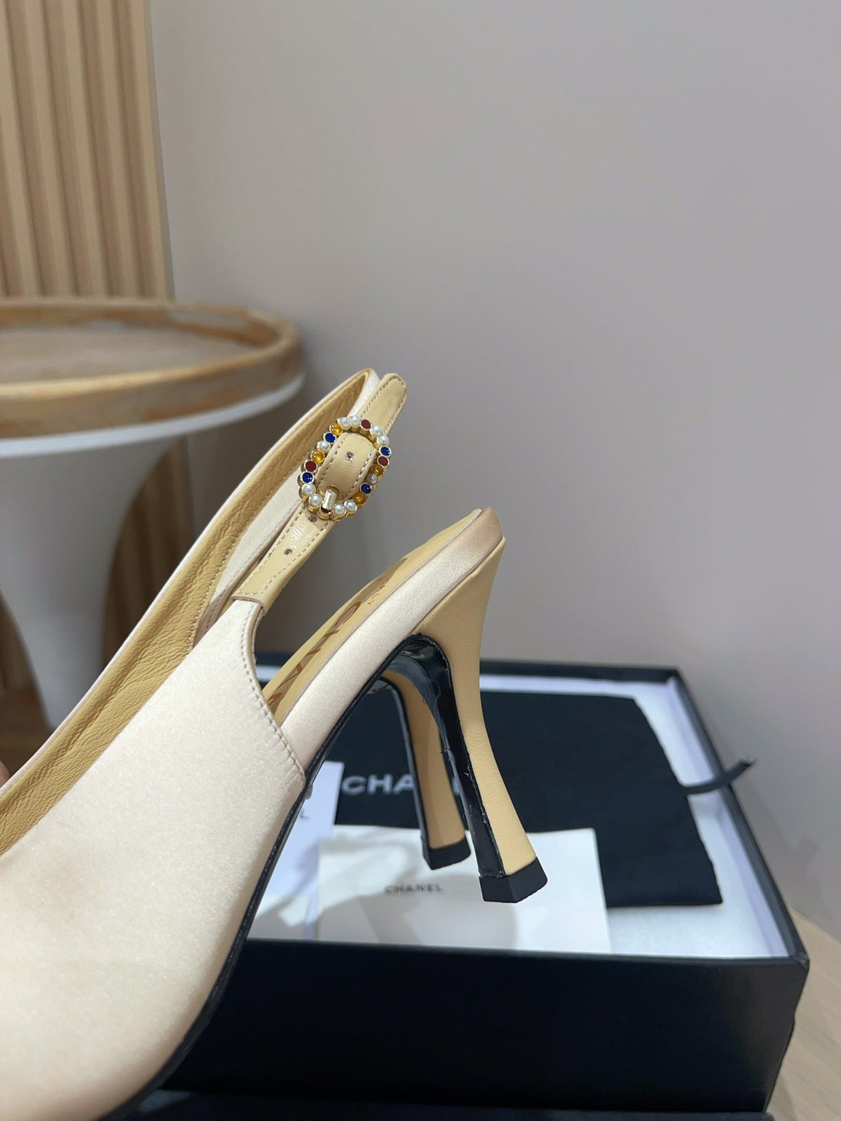 CC HIGH SLINGBACKS BEIGE CREAM SATIN AND LAMBSKIN