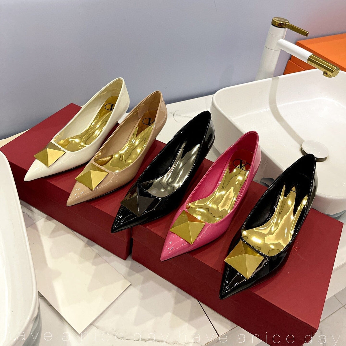 One Stud Gold Patent Pink Leather Pump