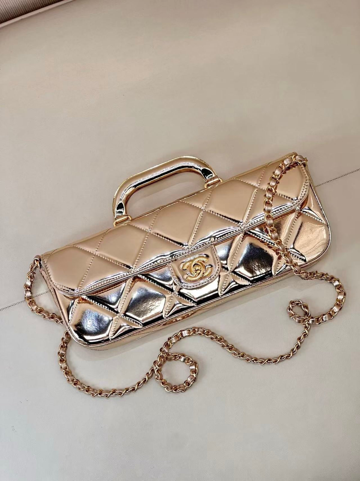 CC 25K Large Flap Bag with Top Handle Chain Strap Gold Metalic Patent Calfskin GHW