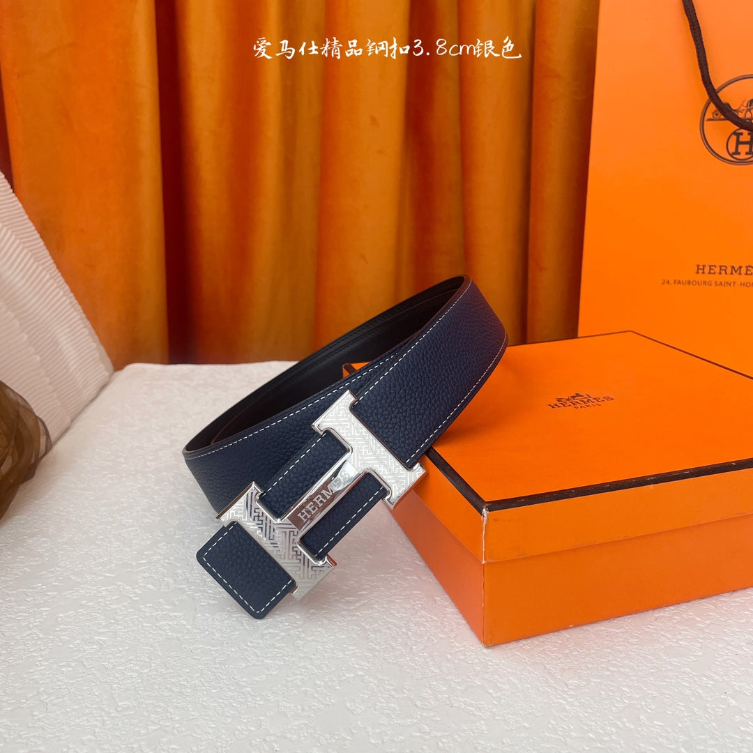 HM Silver Buckle H Belt 38mm Navy Blue Calfskin 187182