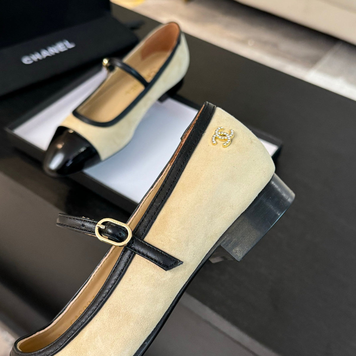 CC Mary Jane Black Beige Suede