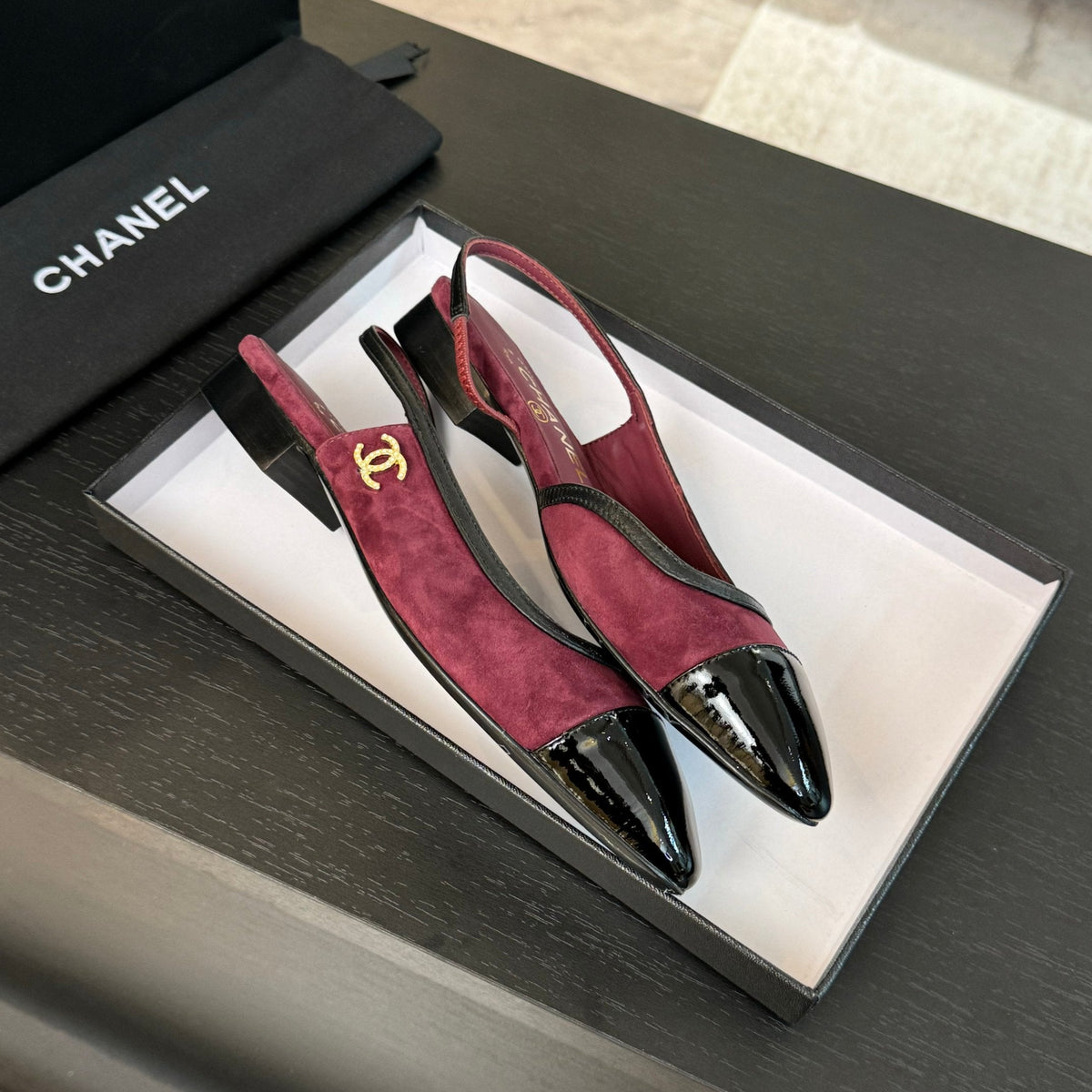CC Slingback Black Dark Red Suede