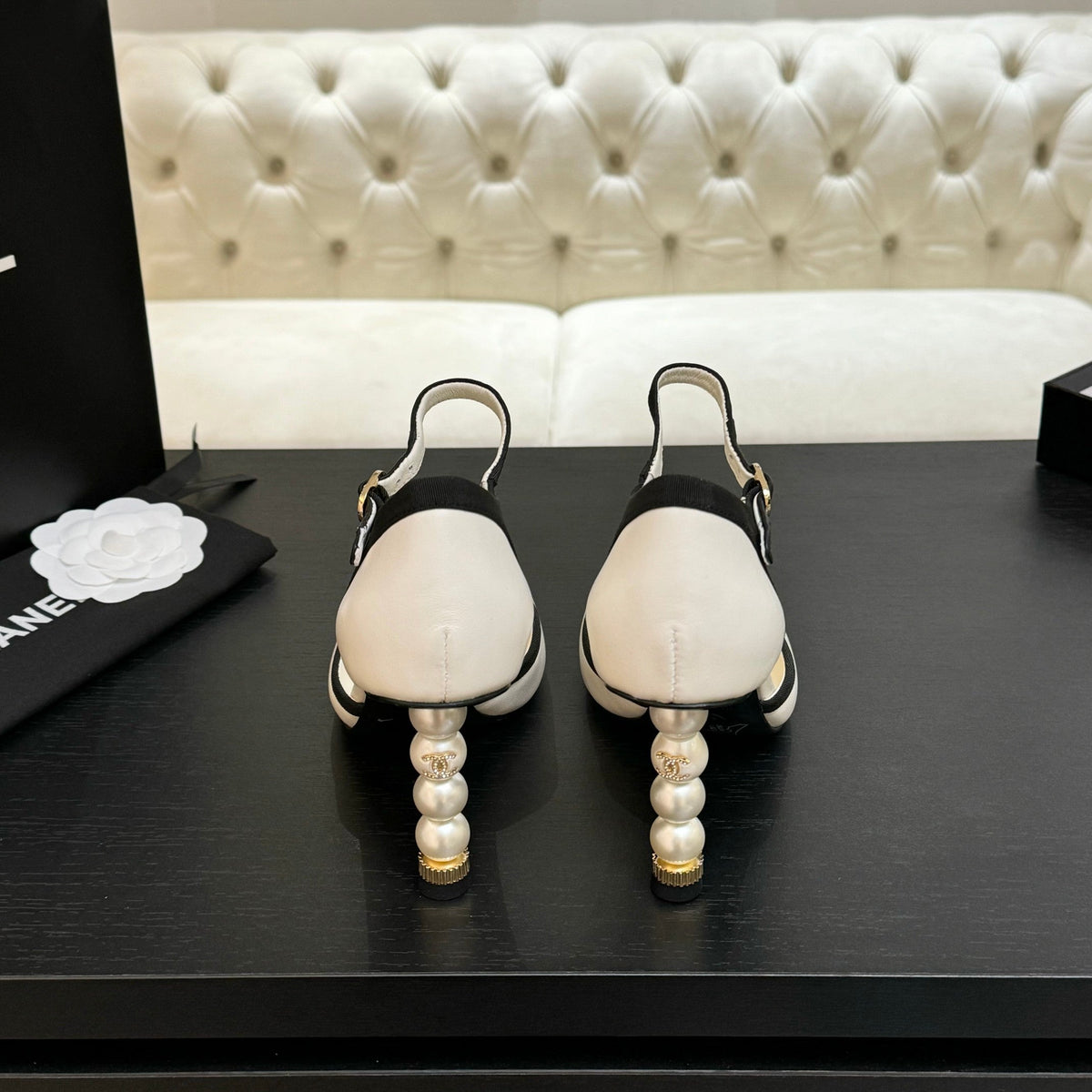CC 25S Slingback 85mm White Calfskin Black Grosgrain