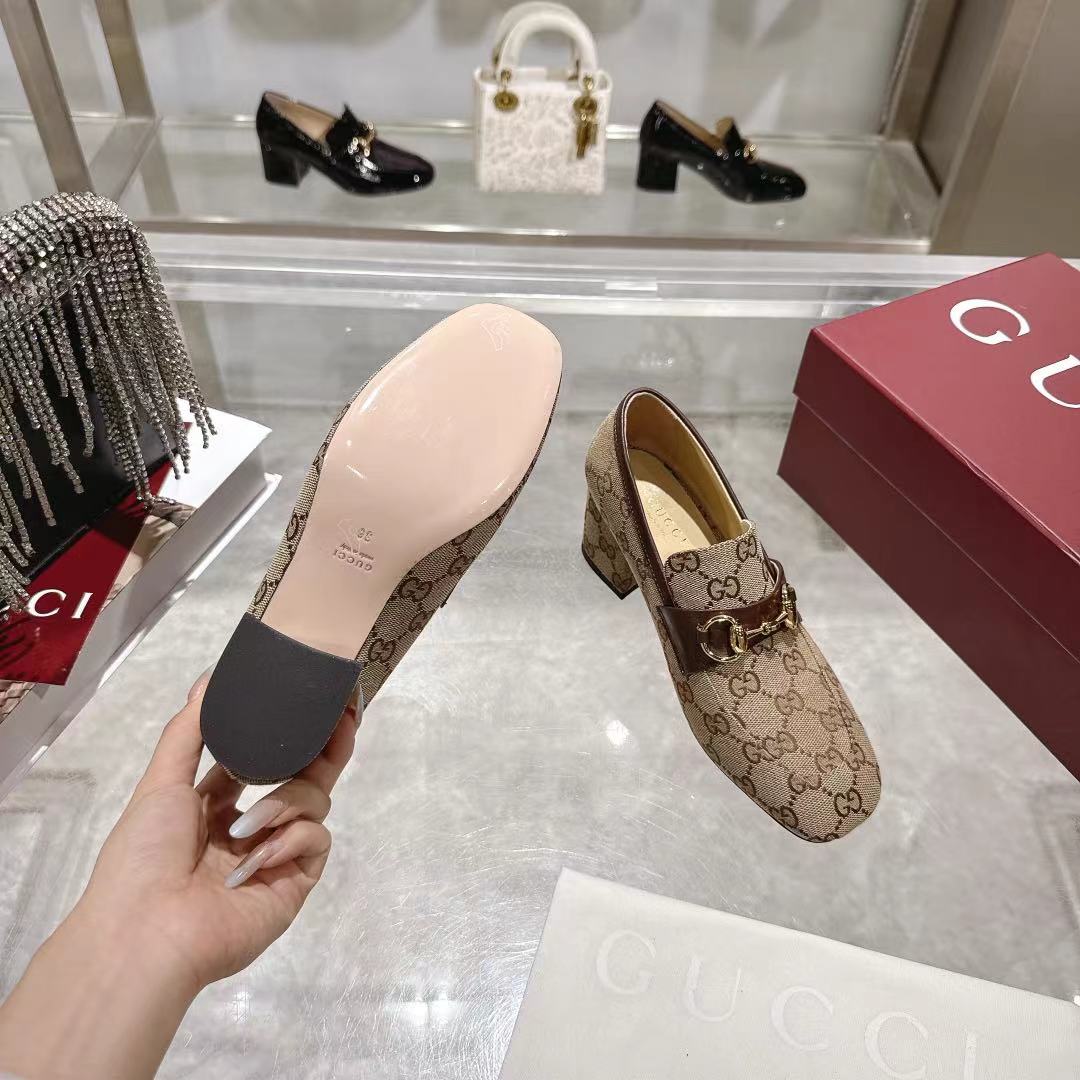GG Women's Loafer Pump 55mm Horsebit Beige Canvas 502604