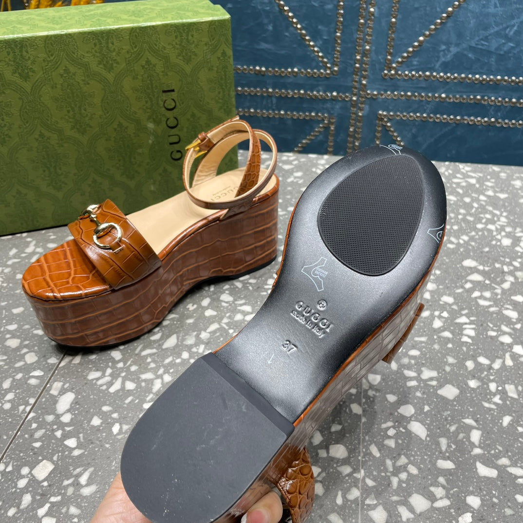 GG HORSEBIT FLATFORM SANDAL CARAMEL CALFSKIN