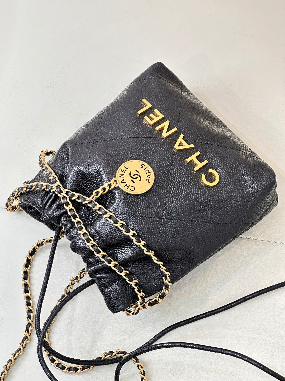 CC 22 Hobo Bag 19cm Black Grained Calfskin Gold Hardware