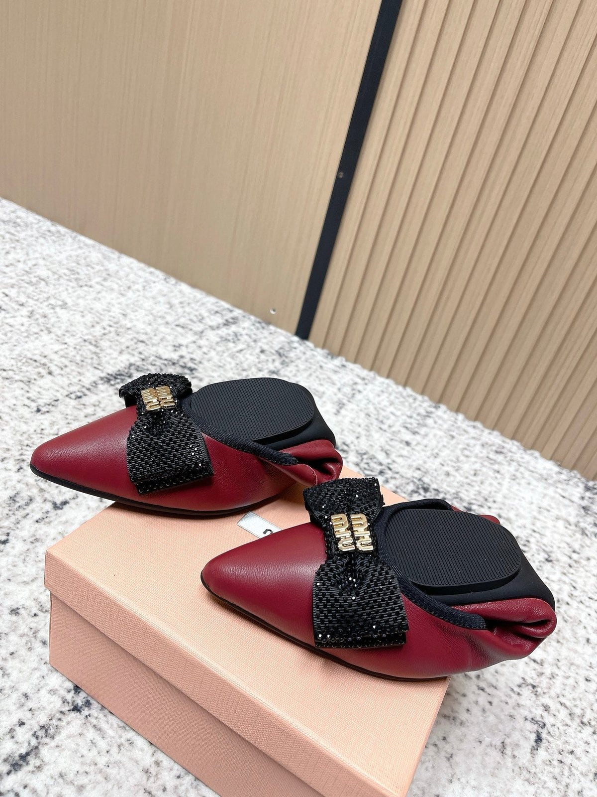 Miu Pointed-Toe Ballet Flats Dark Red Sheepskin 591570