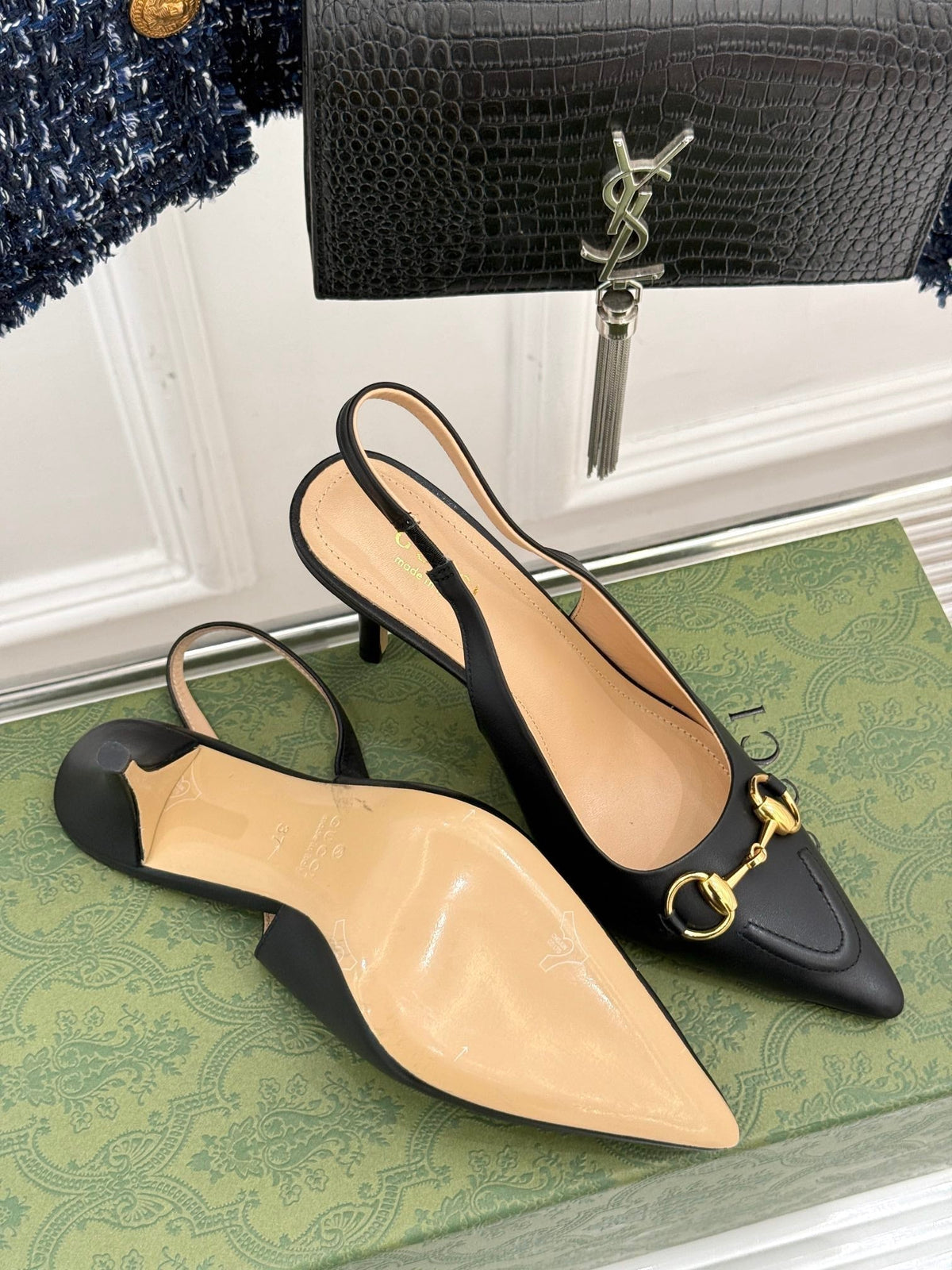 GG Horsebit Slingback 85MM Black Leather Point Toe
