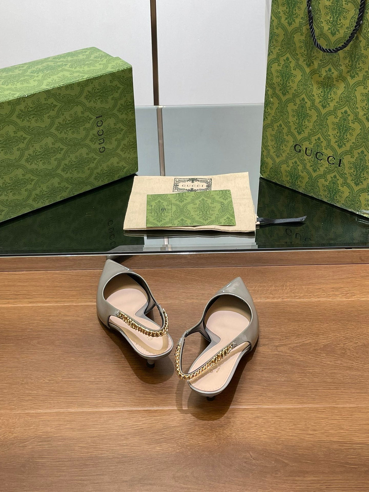 GG HIGH SLINGBACK 4.5 CM IN DOVE GREY GLOSSY CALFSKIN