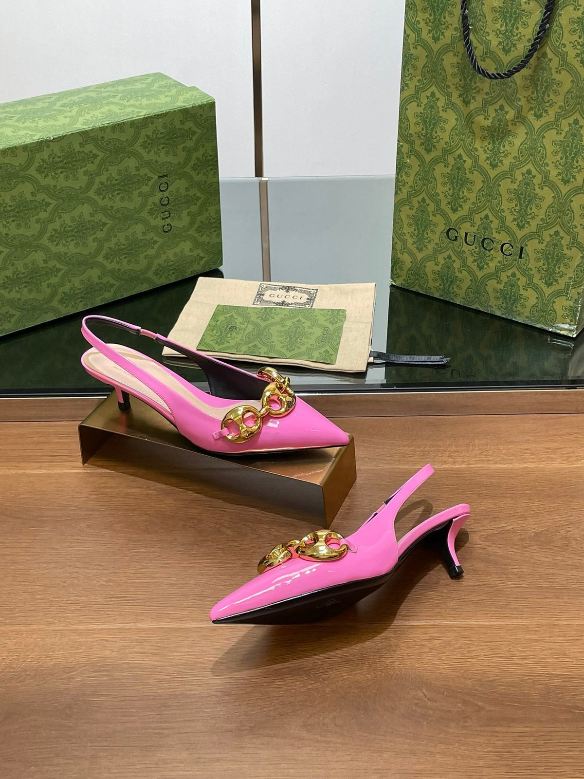 GG MID-HEELED SLINGBACK 4.5 CM IN FUSICA PINK GLOSSY CALFSKIN