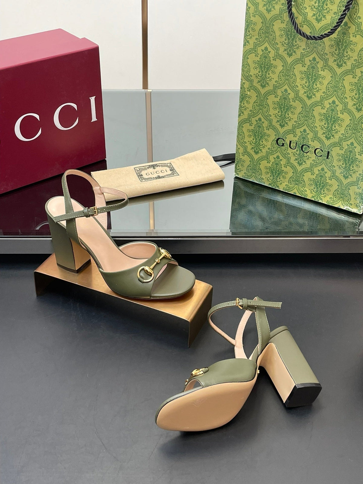 GG Women Horsebit High Heel Sandal Open Toe Olive Sheepskin 149217