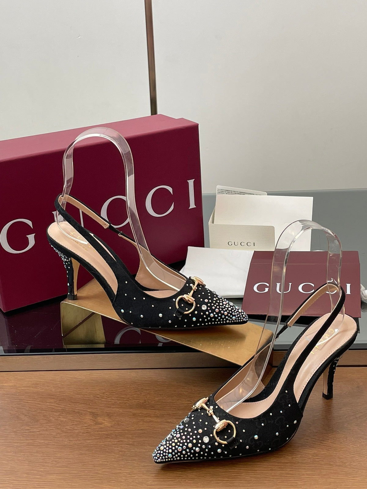 GG Horsebit Slingback 45MM Black Ebony Monogram Canvas Point Toe Crystal-Embellished