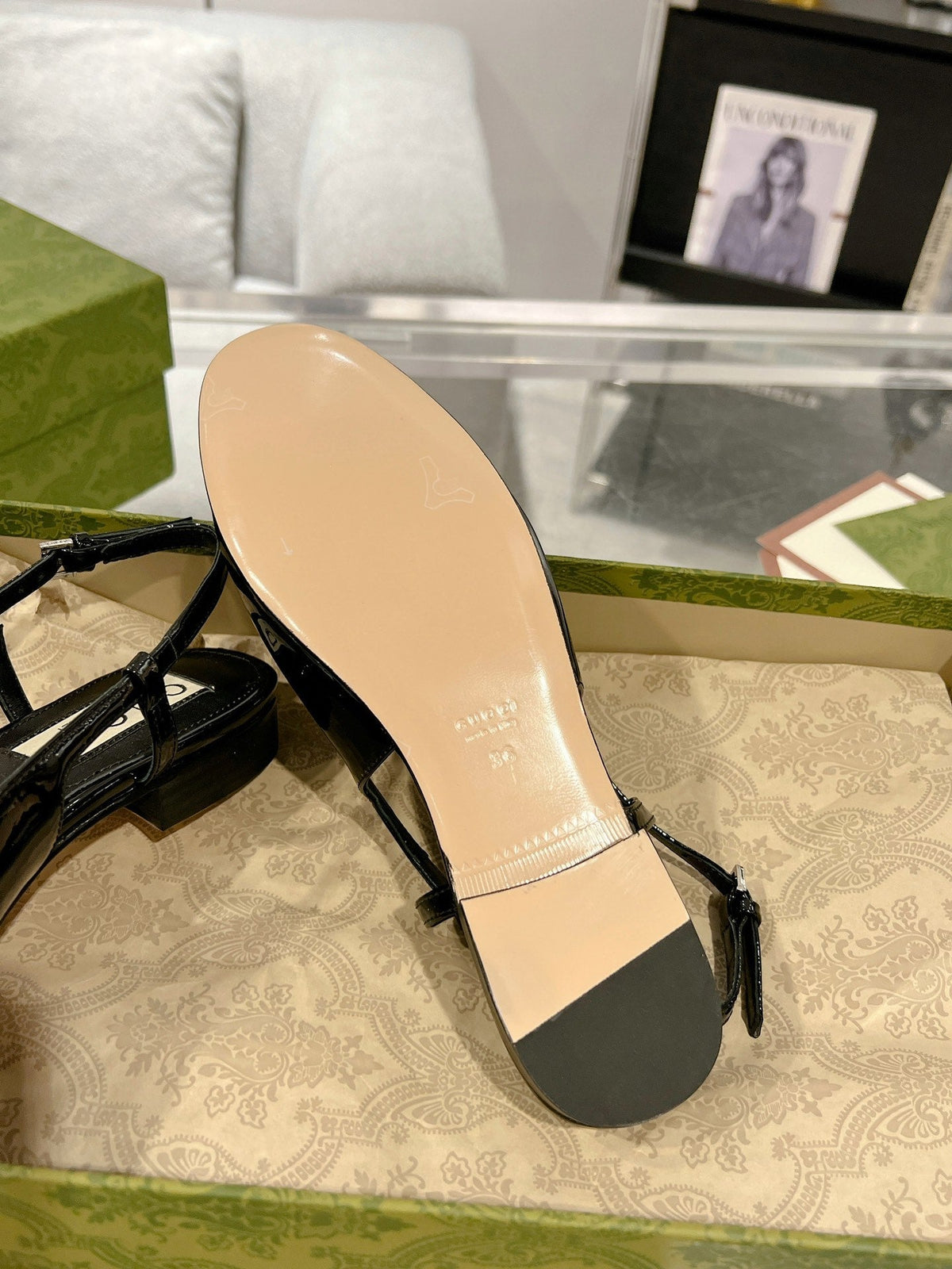 GG CRYSTALS SLINGBACK BALLET BLACK CALFSKIN