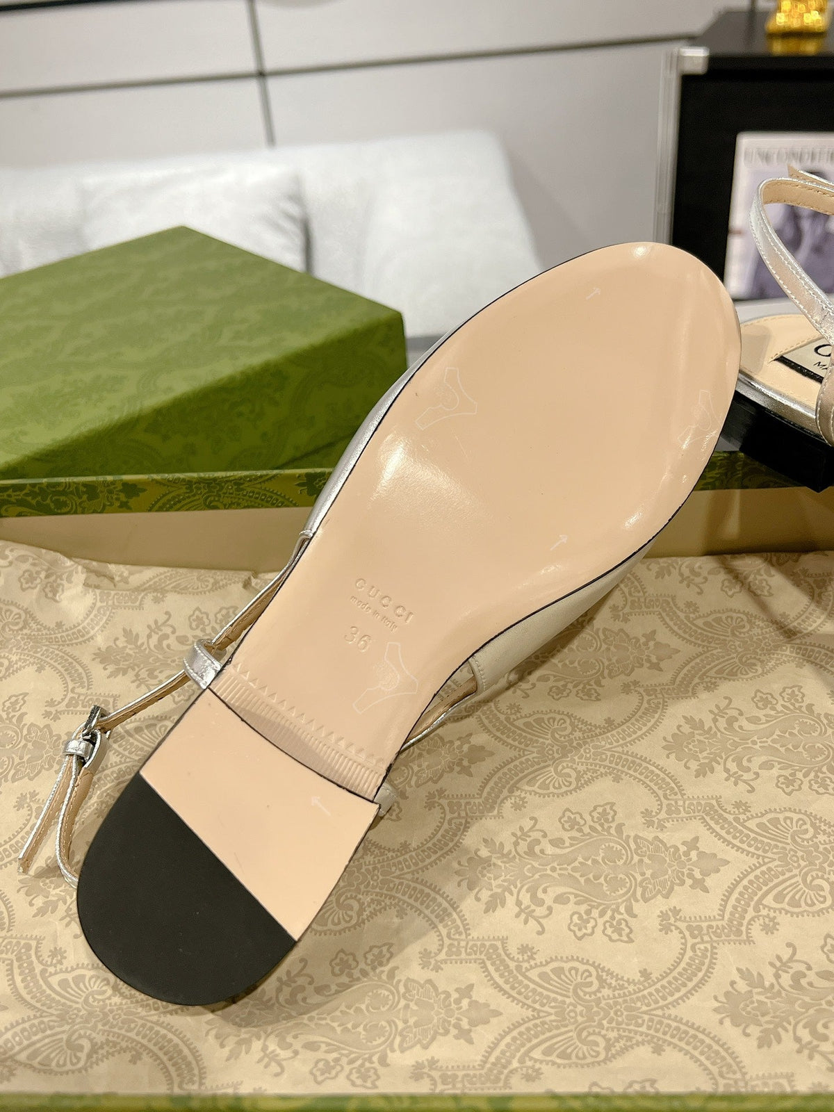 GG CRYSTALS SLINGBACK BALLET SILVER CALFSKIN