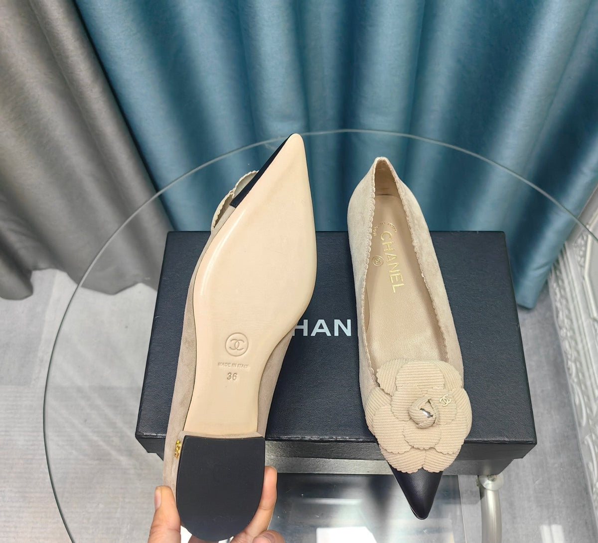 CC BALLET FLAT IN TAN BEIGE SUEDE AND BLACK CALFSKIN WITH FLOWER