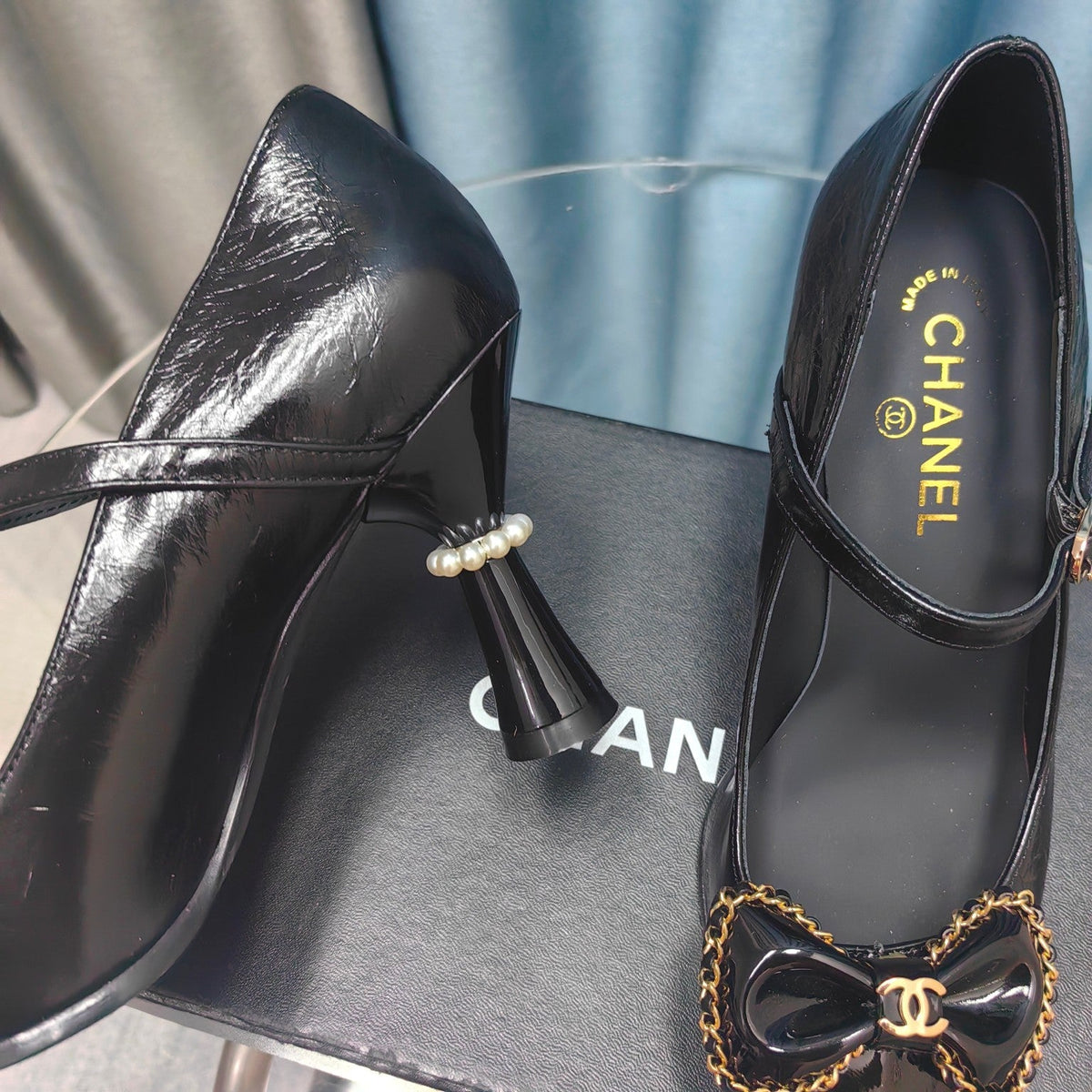 CC High Mary Janes Black Bow Wrinkled Lambskin
