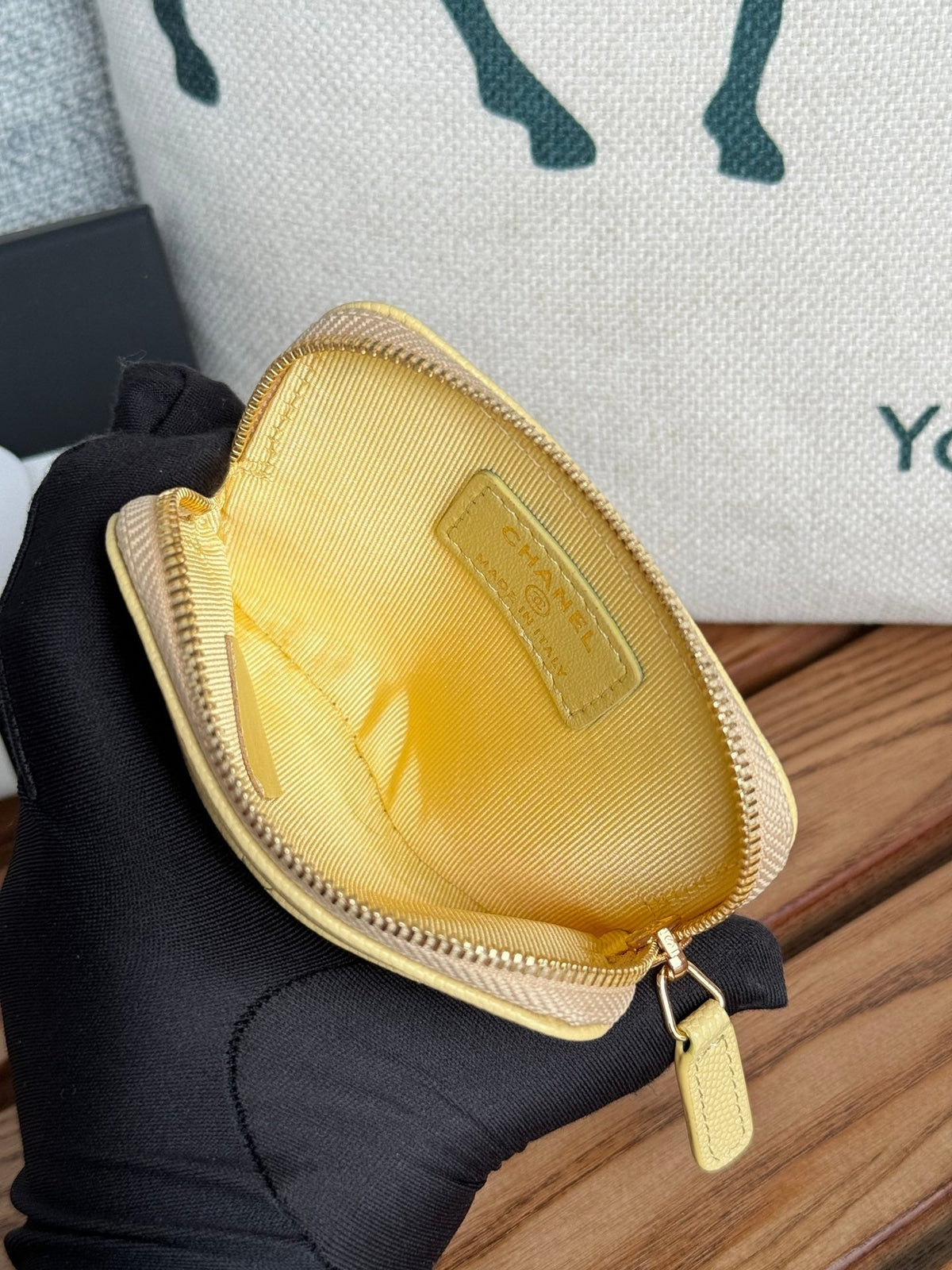 CC Zip Card Holder Wallet Yellow Gold Metal Caviar 240601