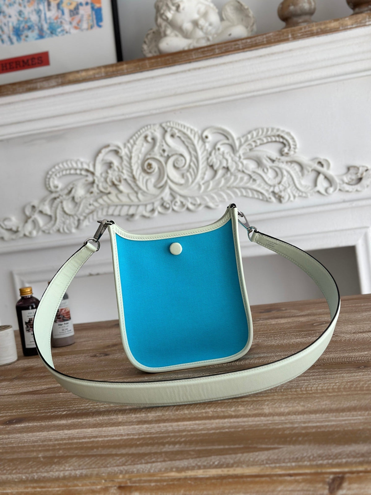 MINI NEO 17 EVELYNE BAG IN SKY BLUE CANVAS AND WHITE CALFSKIN