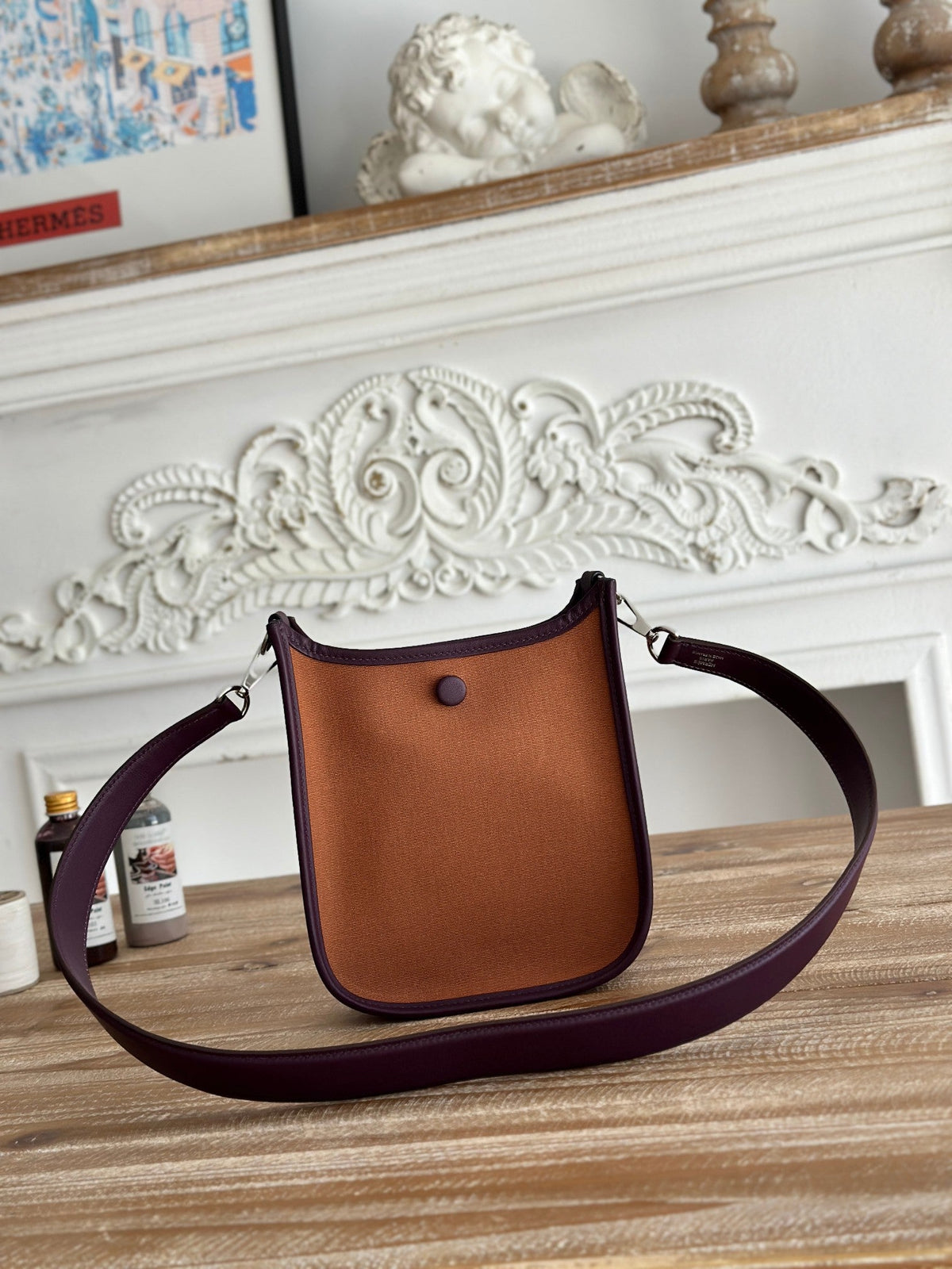 MINI NEO 17 EVELYNE BAG IN BRONZE BROWN CANVAS AND PLUM PURPLE CALFSKIN