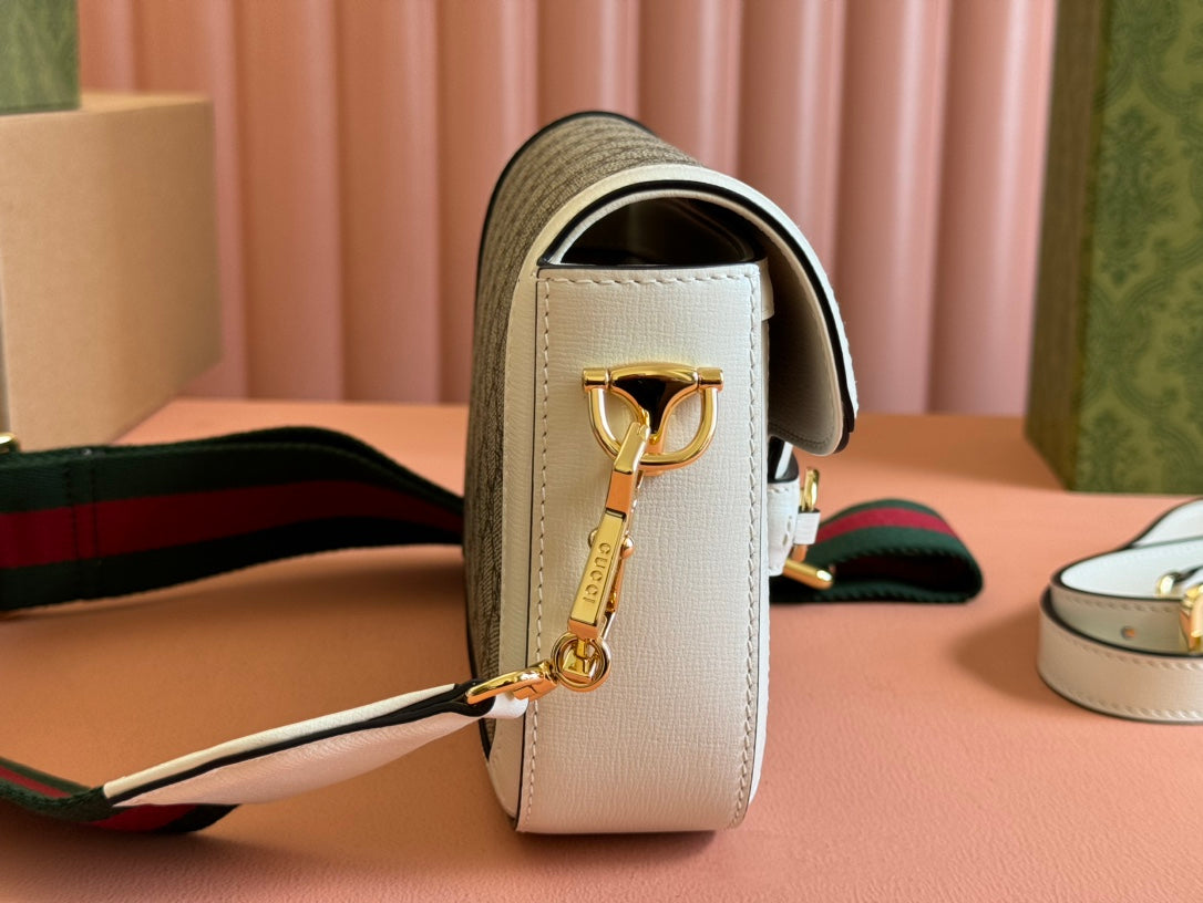 Gucci Horsebit Bag Ebony mix White Leather Canvas 244256