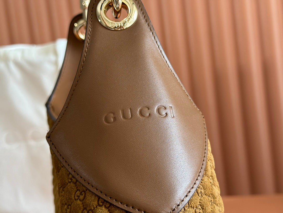Gucci Body Double Lock Handbag Brown Velvet Embossed Leather 244512