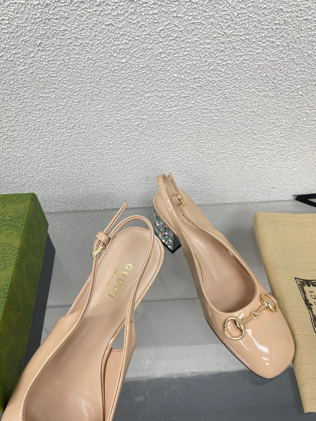 GG WOMEN'S HORSEBIT SLINGBACK IN TAN BEIGE CALFSKIN WITH RHINSTONES
