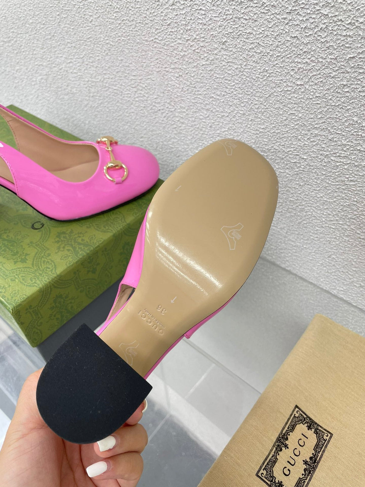 GG WOMEN'S HORSEBIT SLINGBACK 95MM IN FUSICA PINK CALFSKIN WITH RHINSTONES