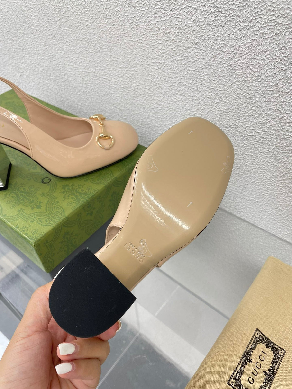 GG WOMEN'S HORSEBIT SLINGBACK 95MM IN TAN BEIGE CALFSKIN WITH RHINSTONES