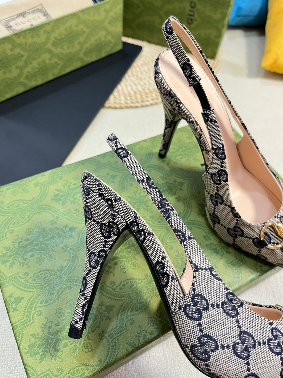 GC Horsebit Slingback Pump 100mm Beige mix Blue Canvas Sheepskin 294565