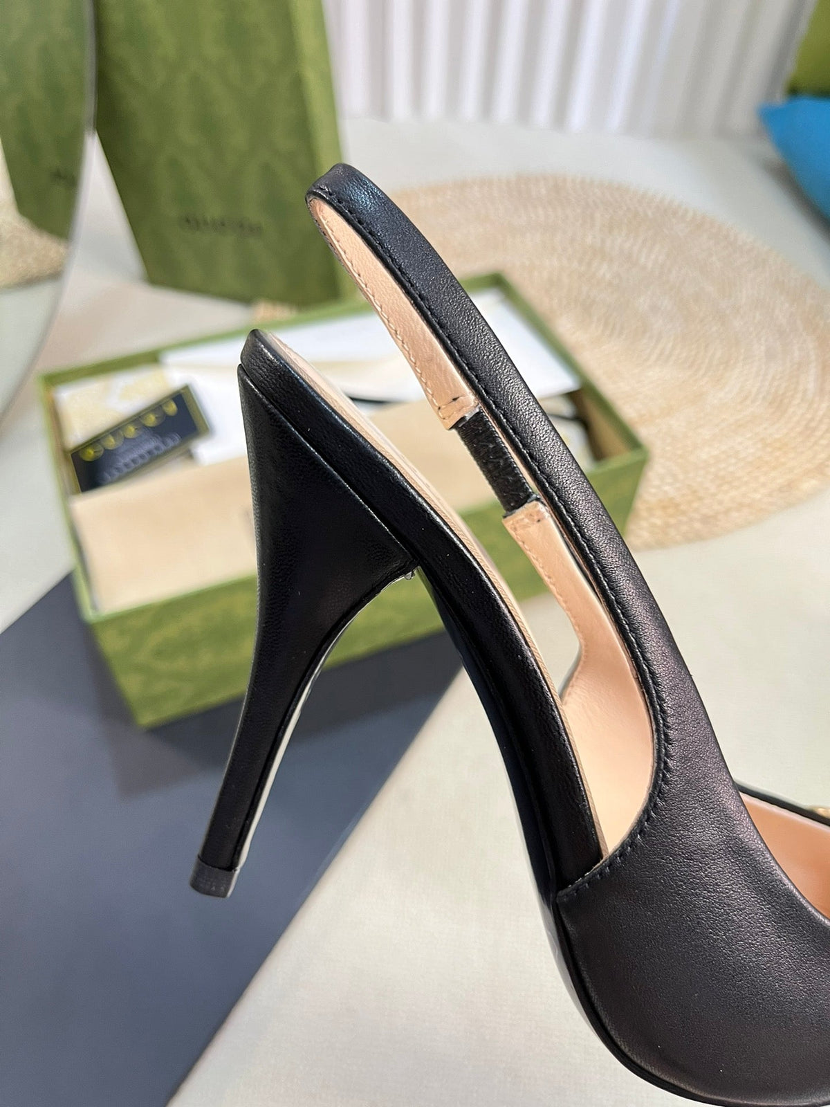 GC Horsebit Slingback Pump 100mm Black Sheepskin 294569