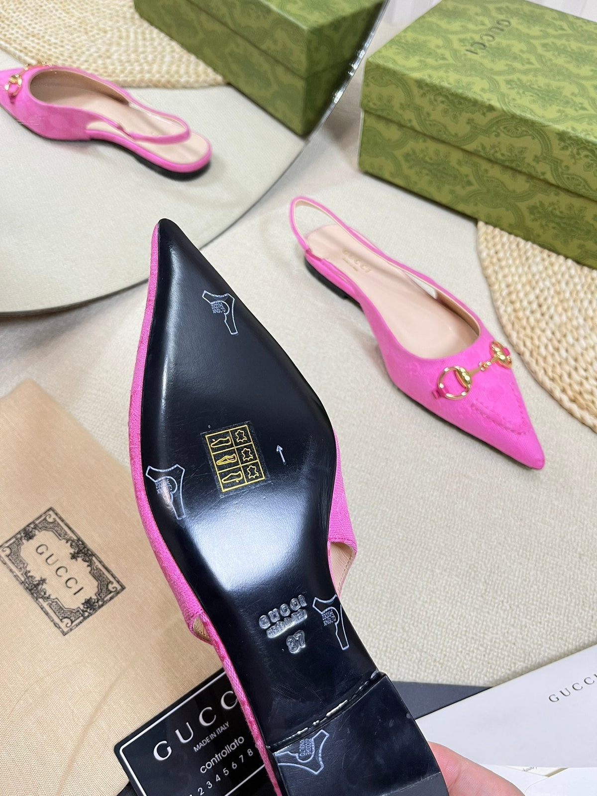 GC Horsebit Slingback Pump 10mm Pink Canvas Sheepskin 294543