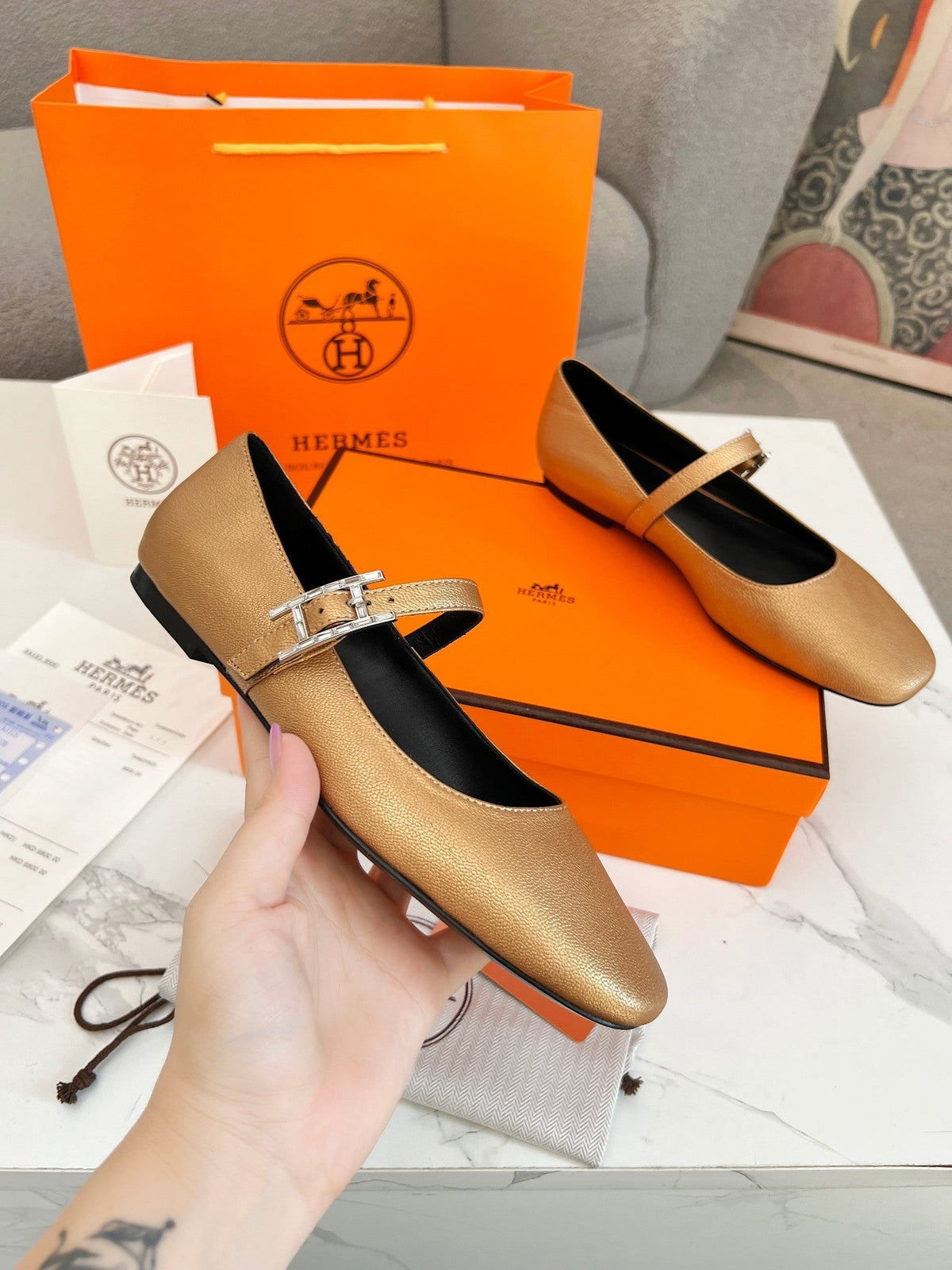 Jane Ballet Flat Gold Calfskin 214067
