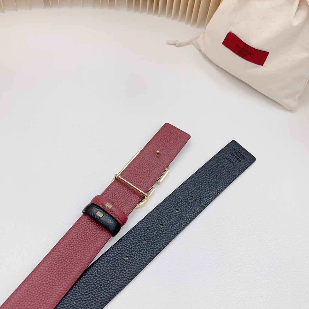 Vlogo White Gold Buckle Belt 40mm Wine Black Leather
