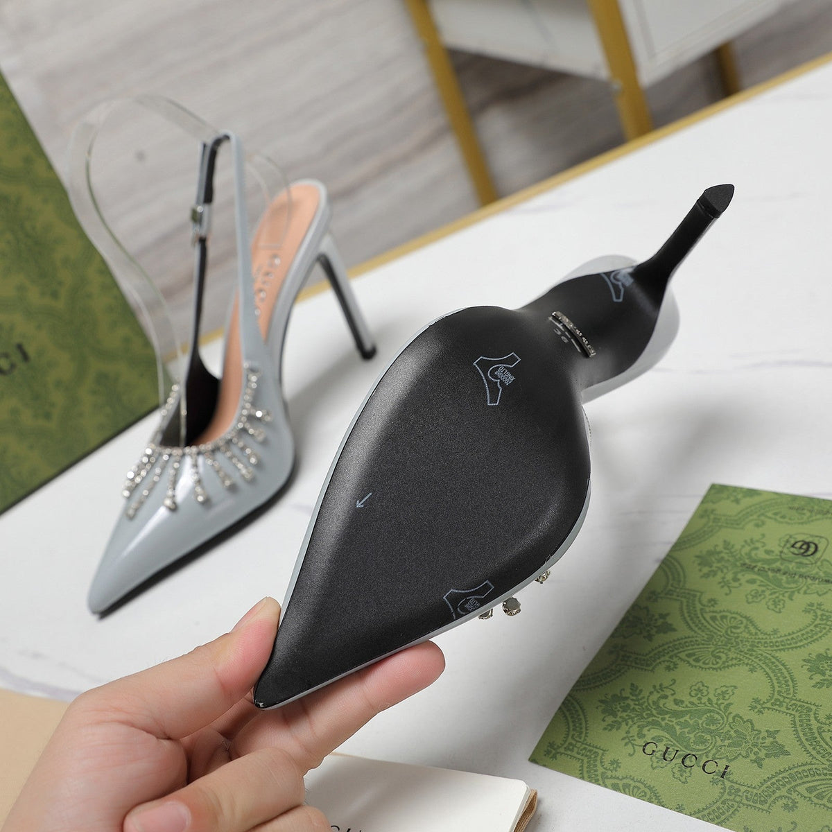 GG CRYSTAL HIGH HEEL SANDAL CLOUD LAMBSKIN
