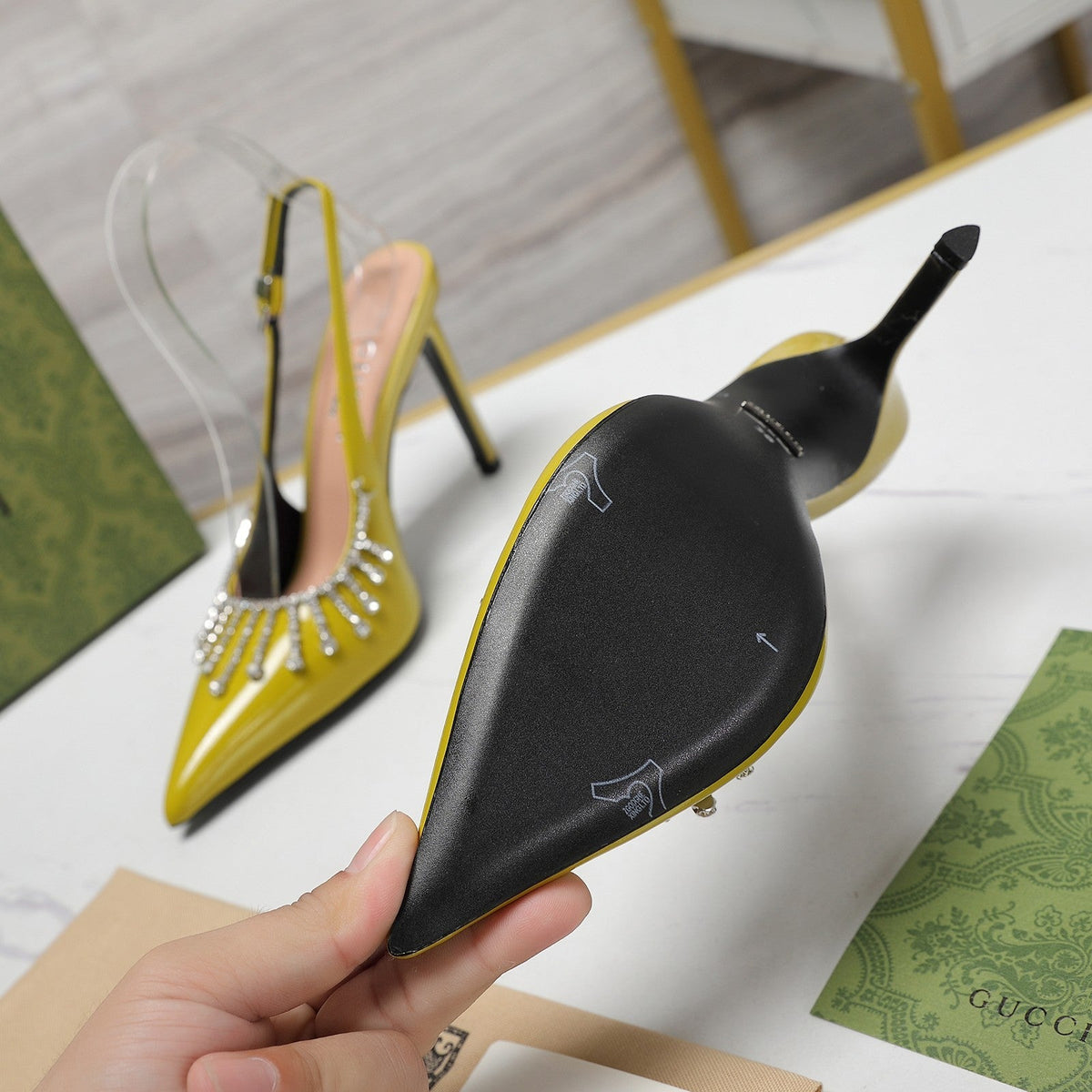 GG CRYSTAL HIGH HEEL SANDAL LEMON LAMBSKIN