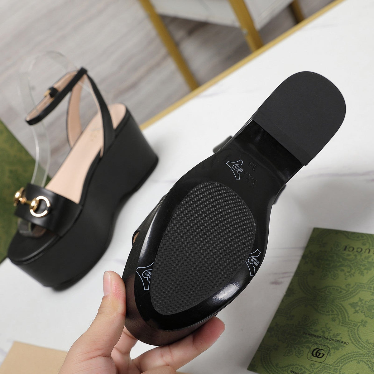 GG Horsebit Wedges Sandals Black