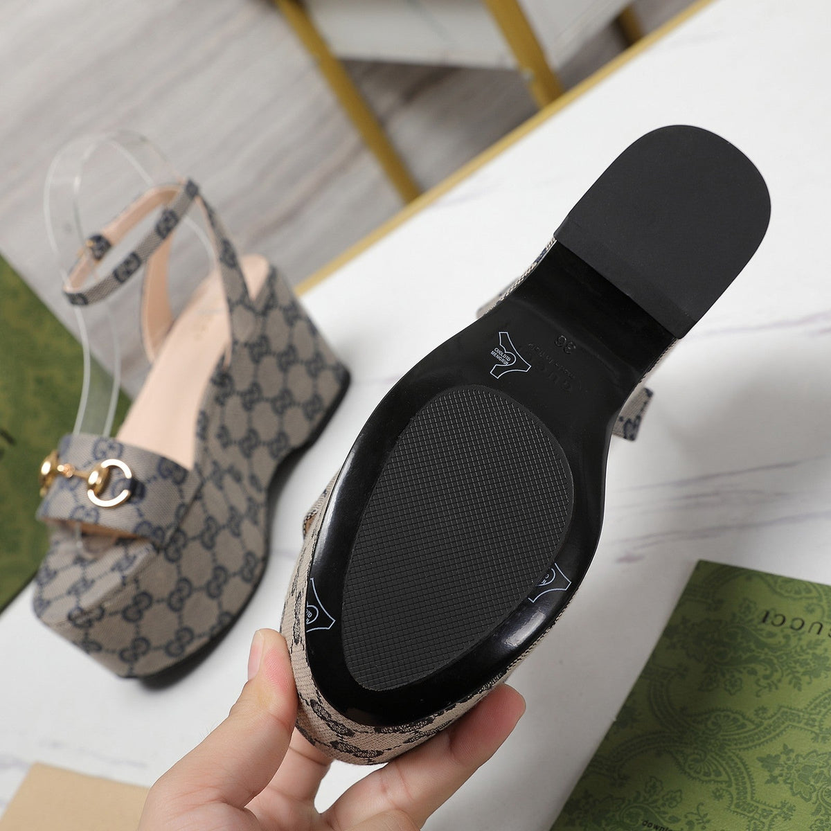GG Horsebit Wedges Sandals Light Grey