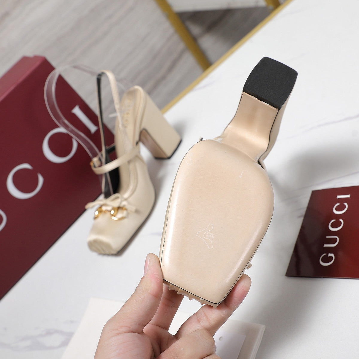 Gucci Horsebit Slingback Pumps Light Beige Satin Fabric 504421