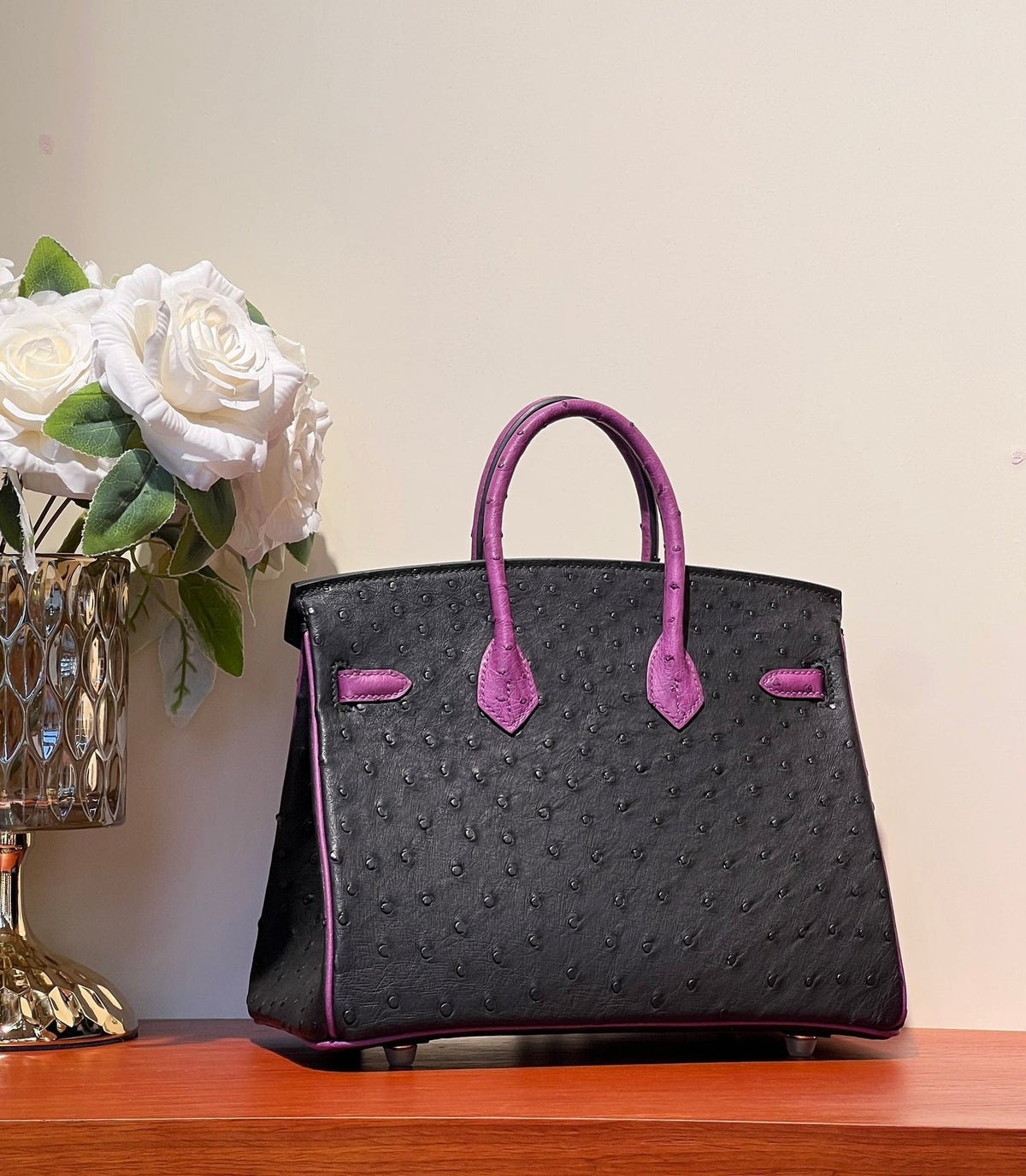 KELLY SELLIER 25 BAG IN BLACK MIX ORCHID PURPLE OSTRICH LEATHER (MADE - TO - ODER)