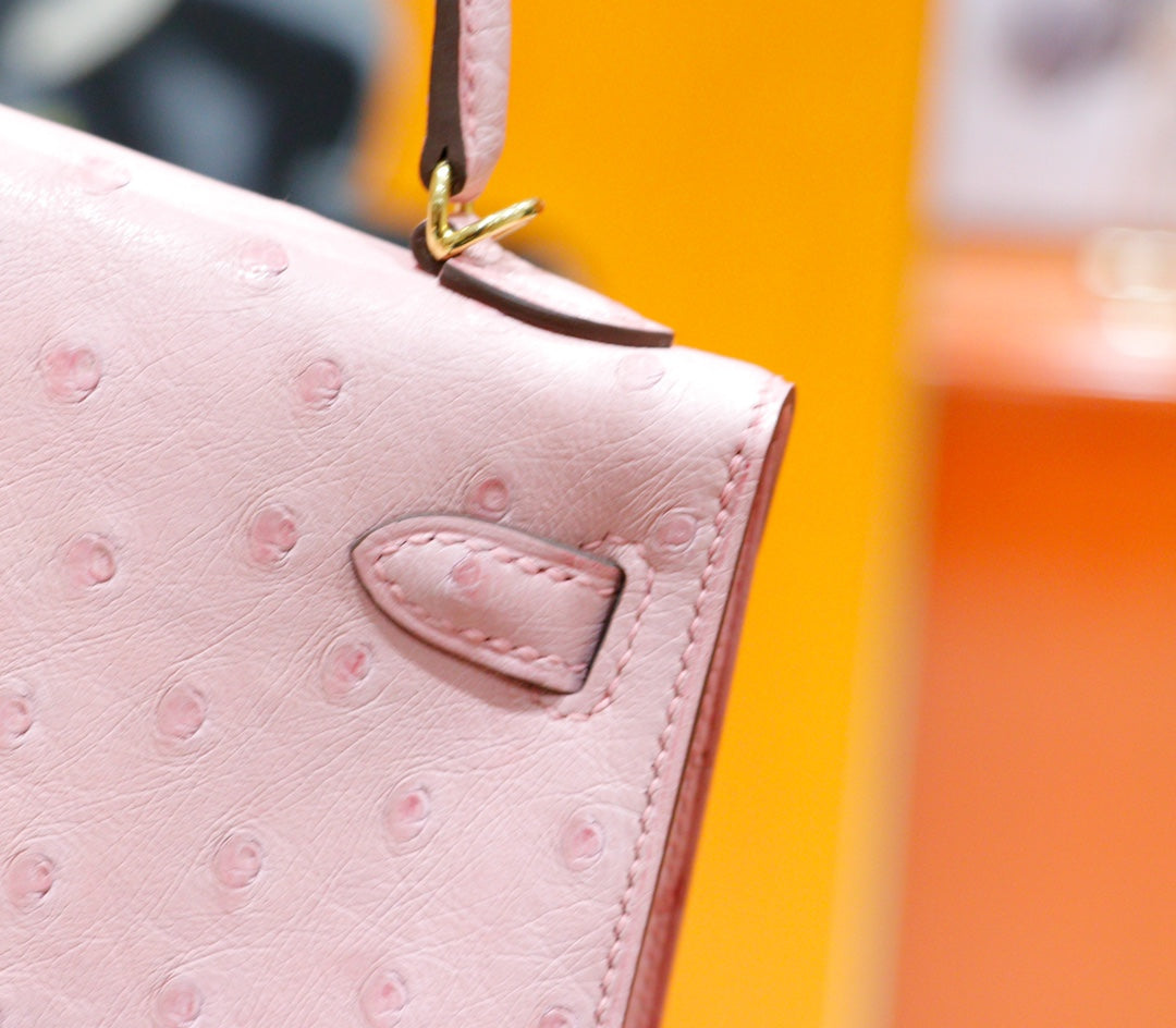 HM Mini Kelly 19cm Pink Ostrich Gold Hardware